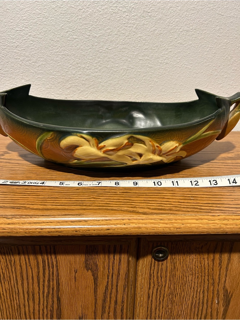 Vintage Roseville Zepher-Lily Hand-Painted Green Ceramic Floral Console Bowl